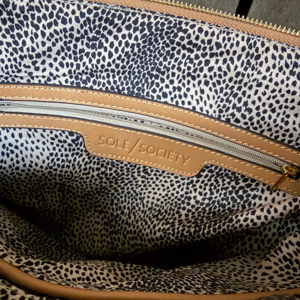 Sole Society Tan Satchel Crossbody Bag Whipstitch Faux Leather Camel Tote - Picture 6 of 8